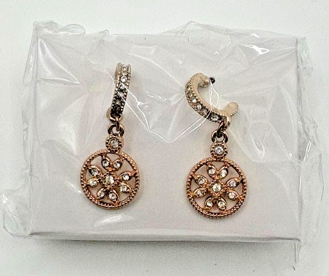 Avon Rose Gold Tone Clear Crystal Medallion Drop Dangle Earrings in Gift Box NIB