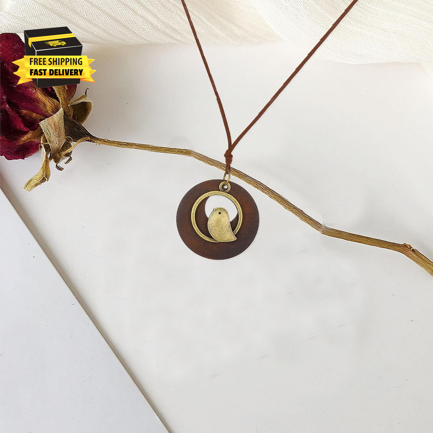 Circular Hollow Wood Necklace Hanging Rope Design Boho Chic Bird Pendant Necklac