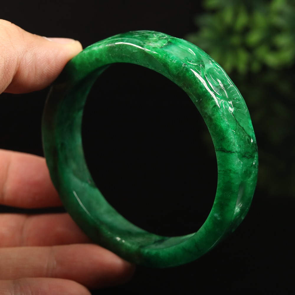 61mm Emerald Green Jadeite Jade Bangle Bracelet Coin Ruyi Flower Rabbit A-14885