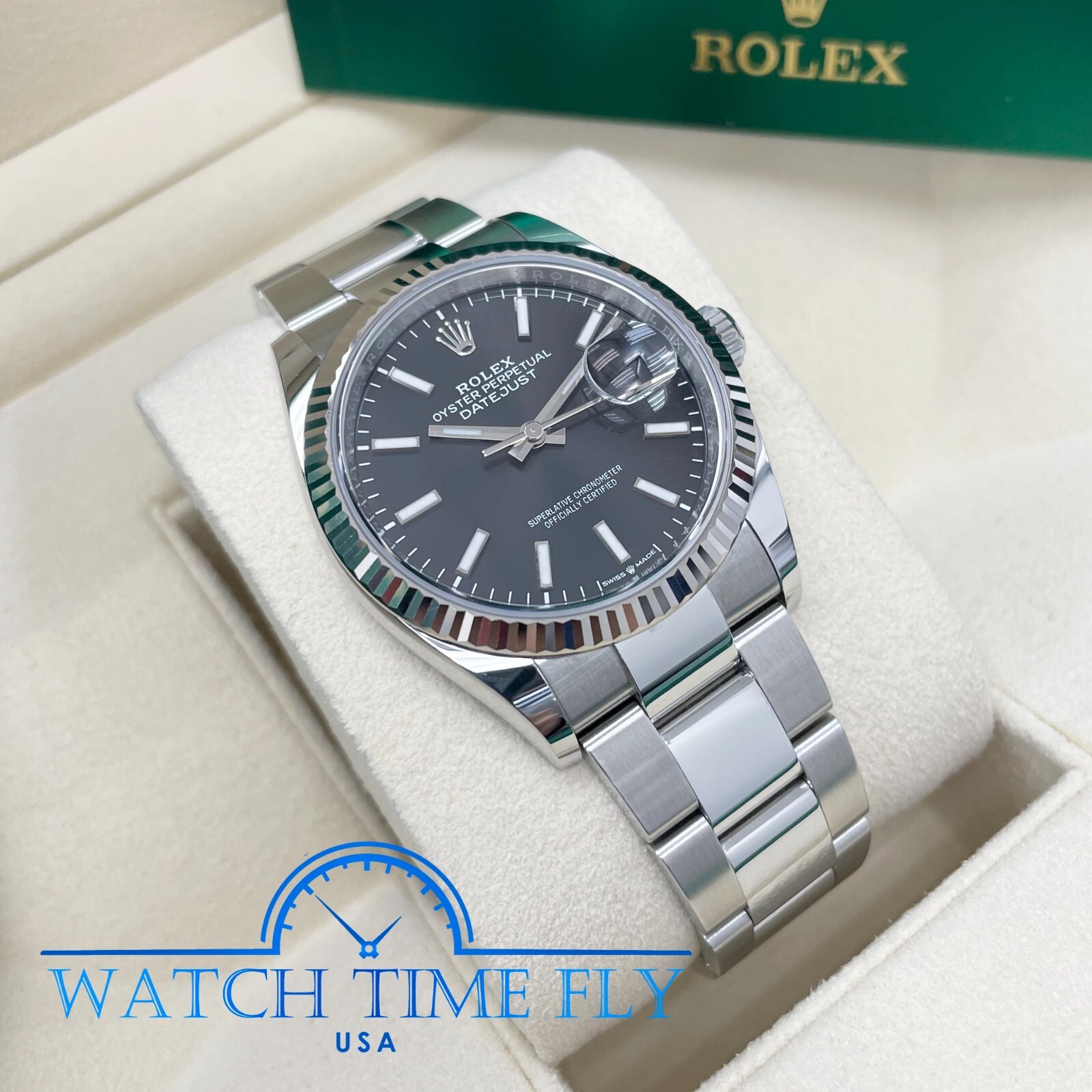Rolex 126234 Stainless Steel Datejust 36mm Fluted Bezel Black Index Stick Dial