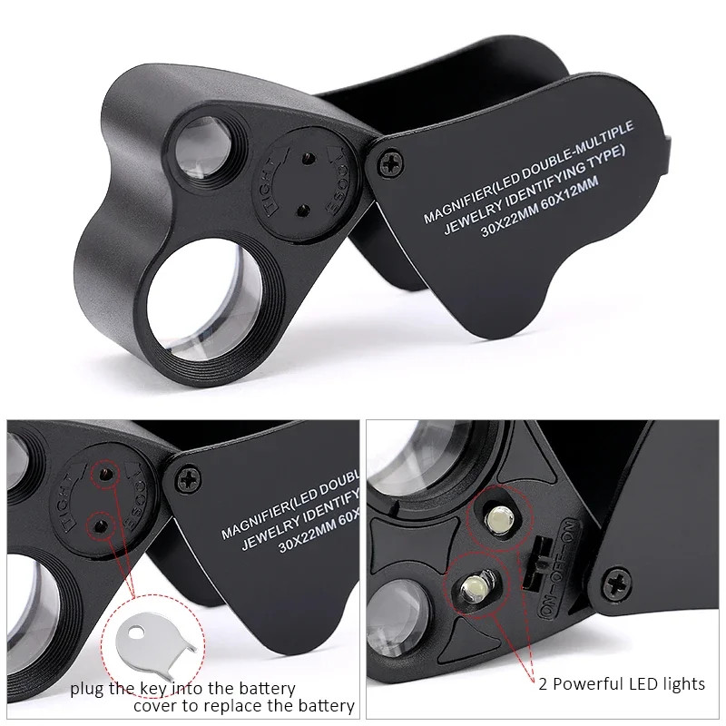 30X 60X Illuminated Jewelers Loupe Foldable Magnifier with LED Light for Jewelry