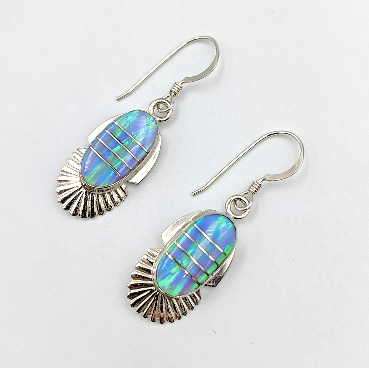 Roger Skeet Navajo Sterling Silver 925 Lab Opal Inlay Dangle Earrings