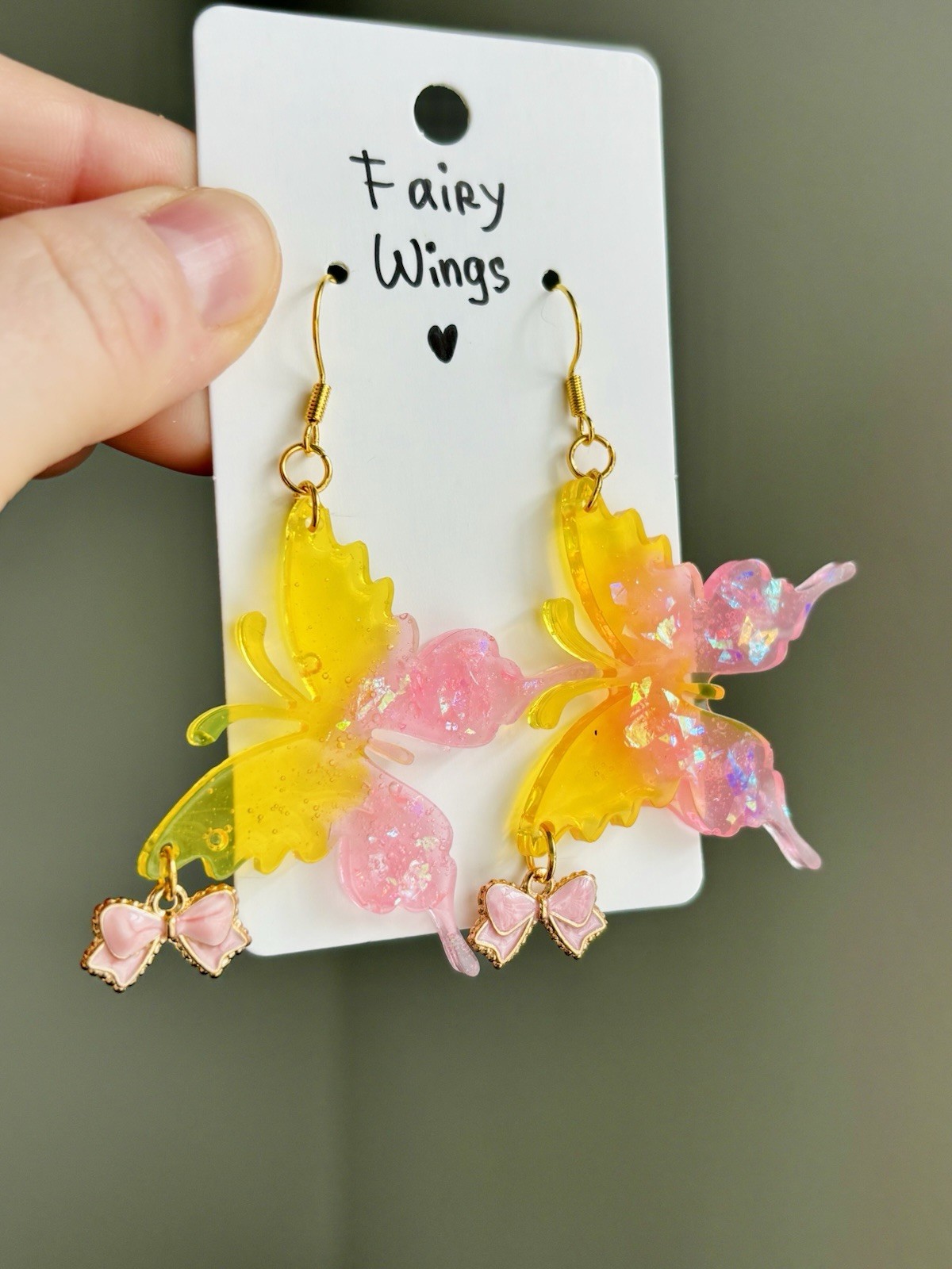 Fairy Wings Resin Butterfly Earrings Pink Yellow Bow Dangle Jewelry