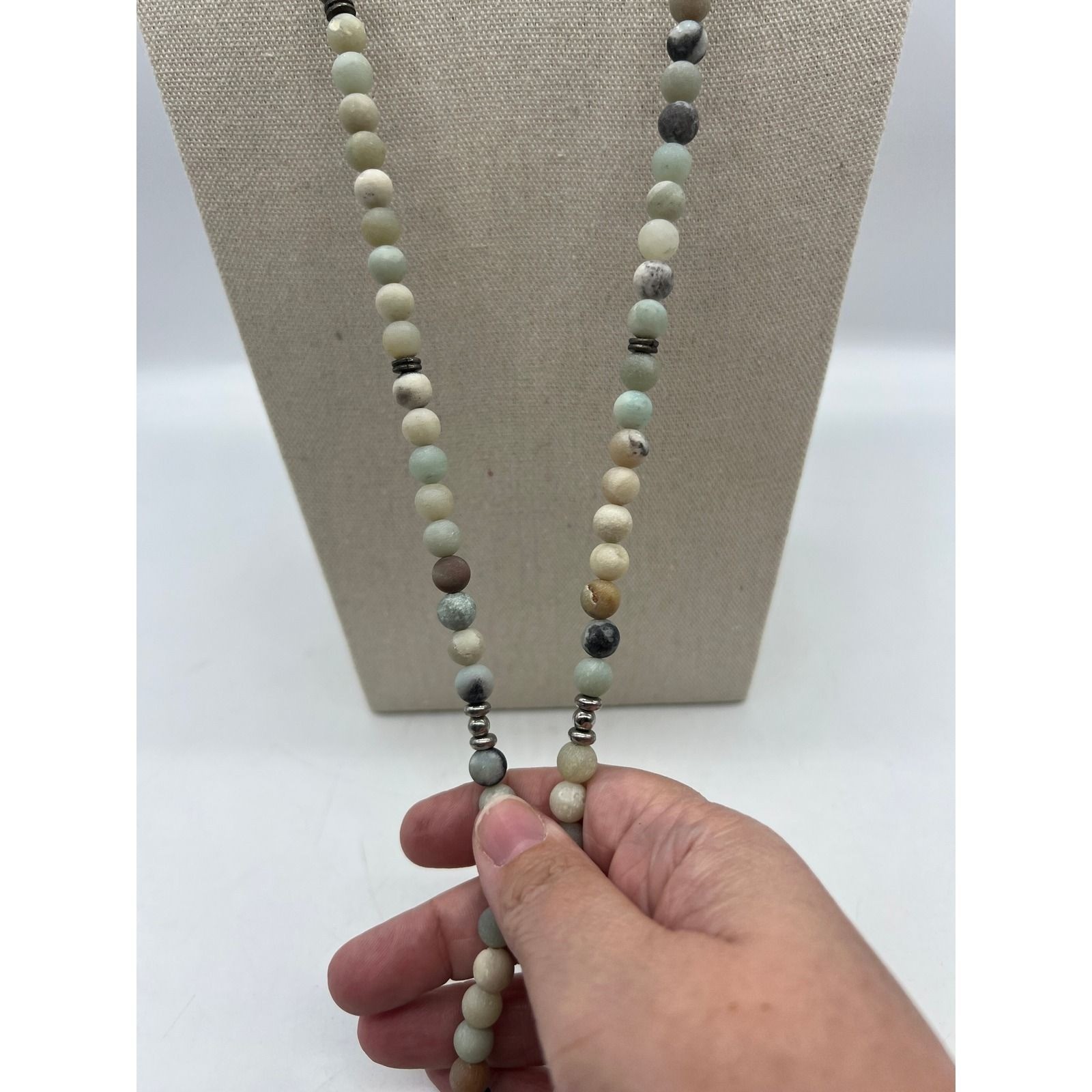 Amazonite Stone Beaded Lotus Necklace Boho Zen Spiritual Minimalist Blue