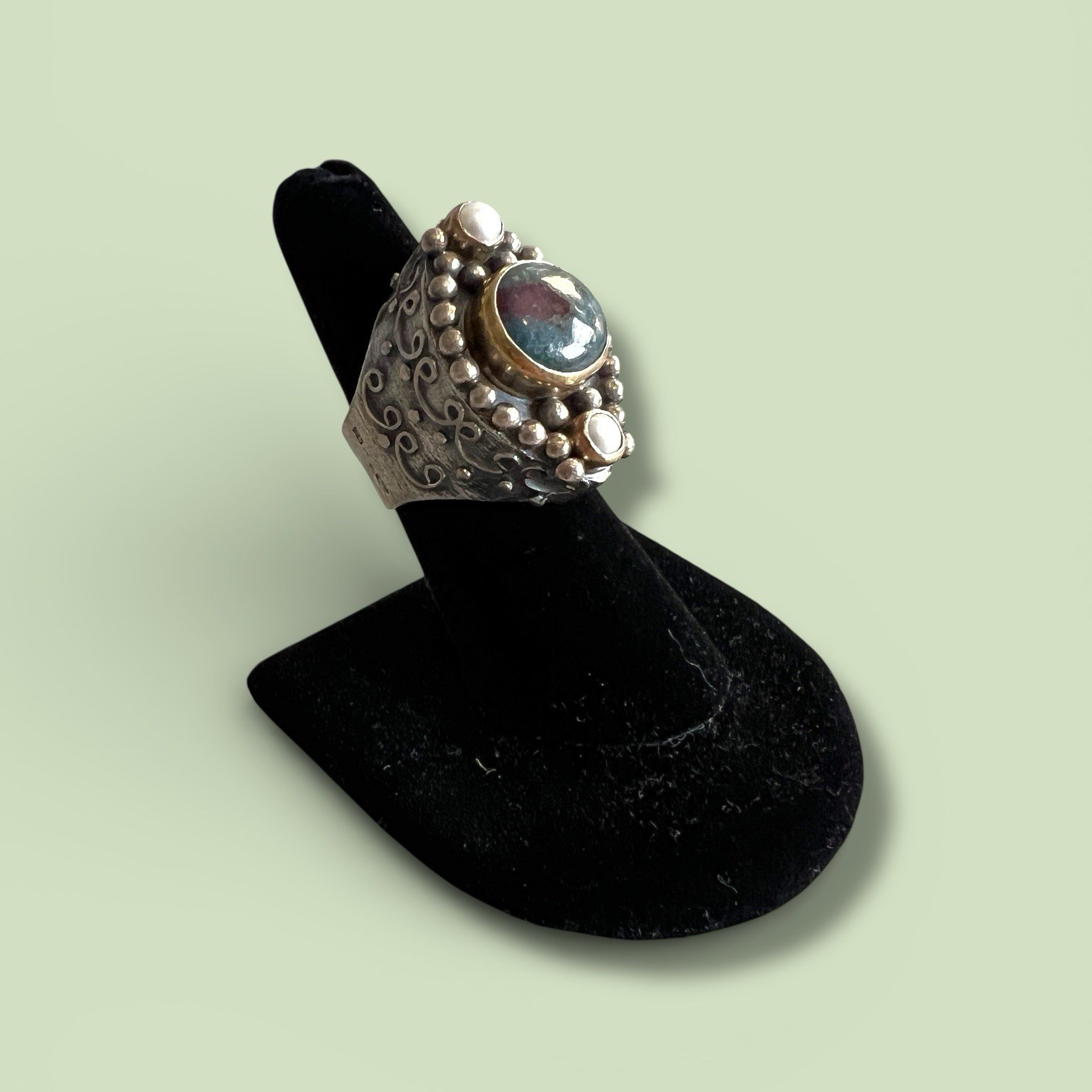 Bali 925 Sterling & 22K Gold Watermelon Tourmaline Moonstone Artisan Ring Sz 7