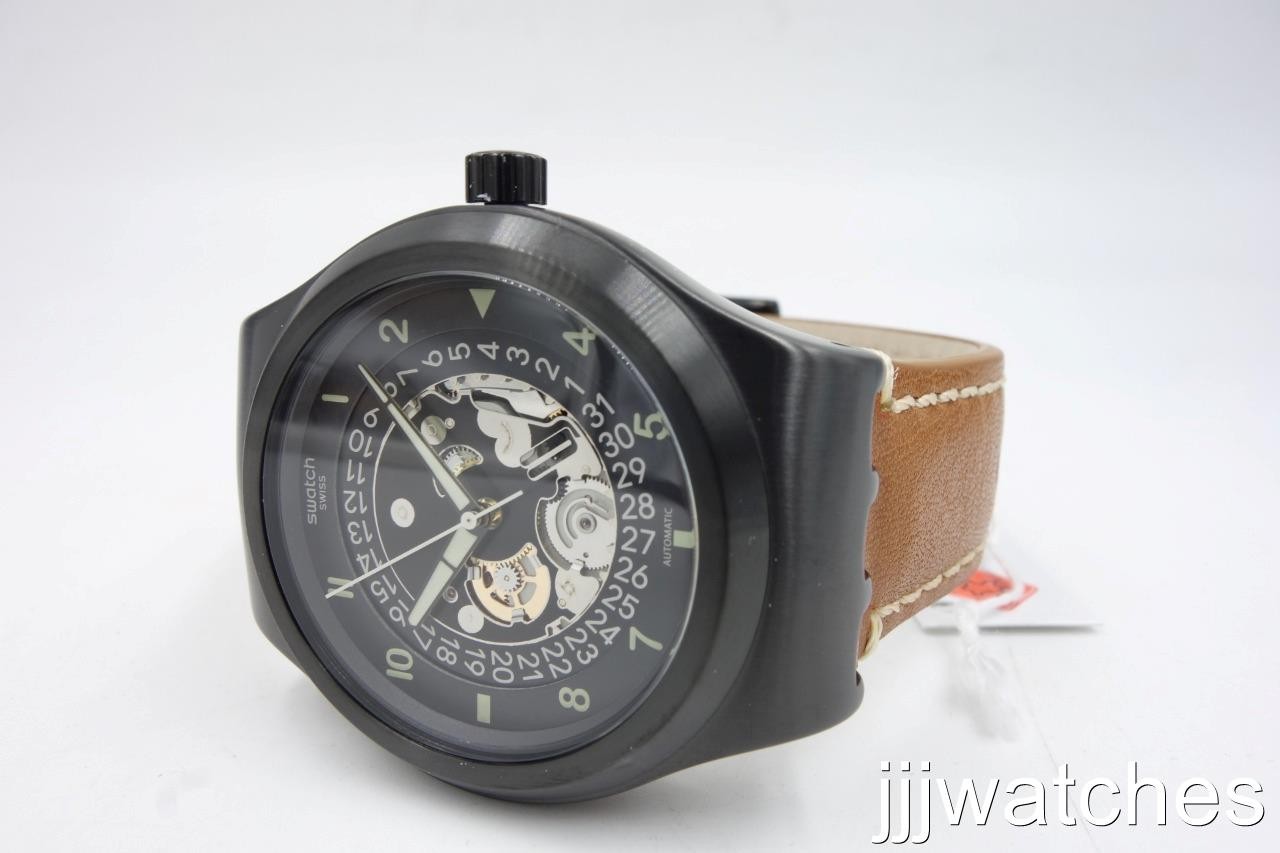 New Swiss Swatch SISTEM THOUGHT Brown Leather Automatic Watch 42mm YIB402 $270