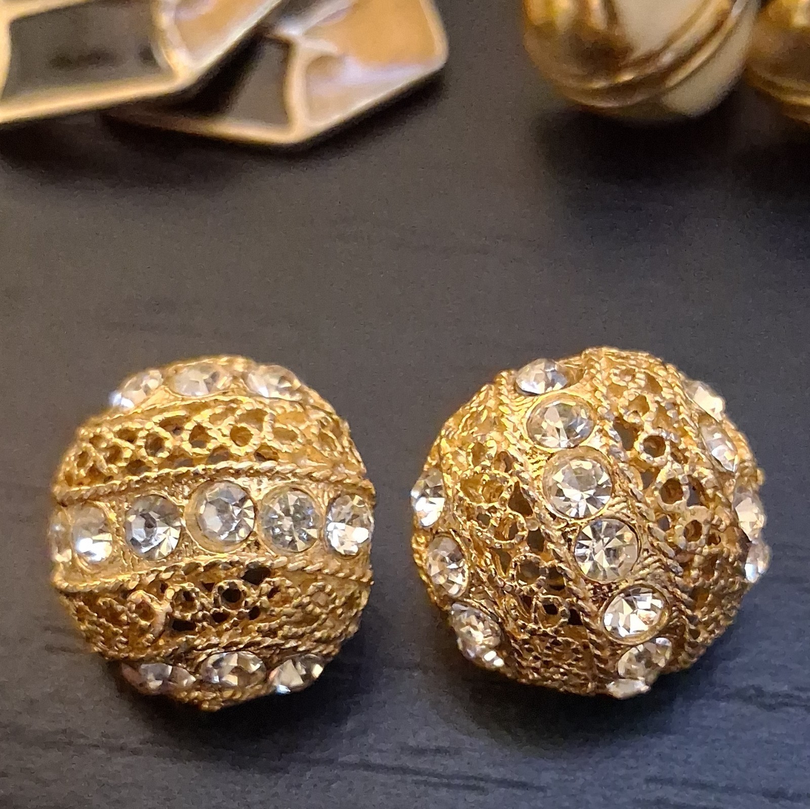 Lot 3 Pair Vintage Gold Tone Stud Earrings Clear Rhinestone White Black