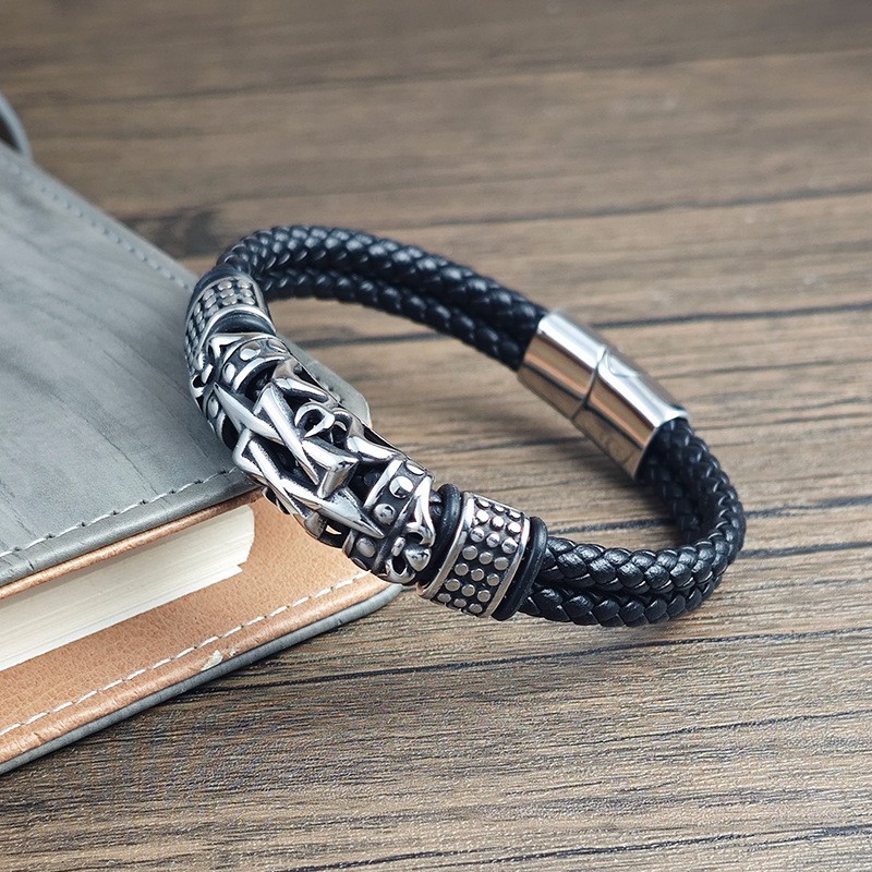 Men’s Hexagram Leather Bracelet Stainless Steel Braided Multi-Layer Cuff Gift