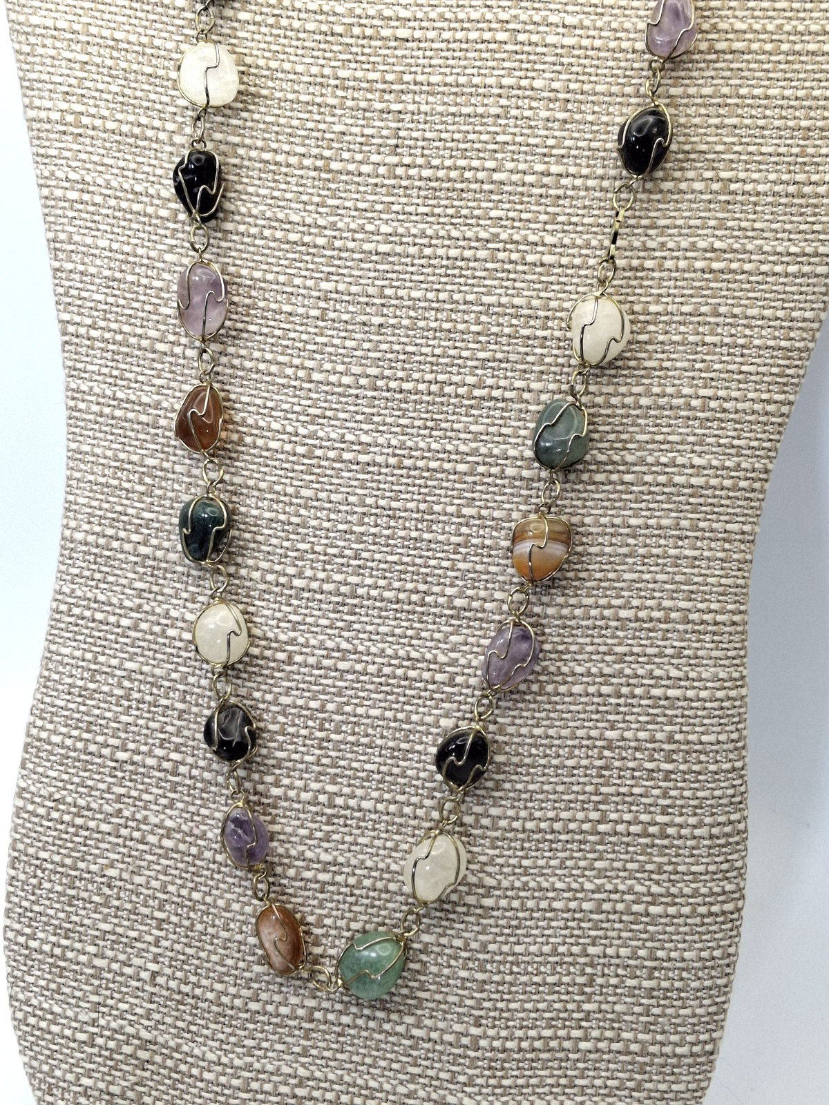 Vintage Necklace Wire Wrapped Natural Semi-Precious Caged Stones Naturecore 26″