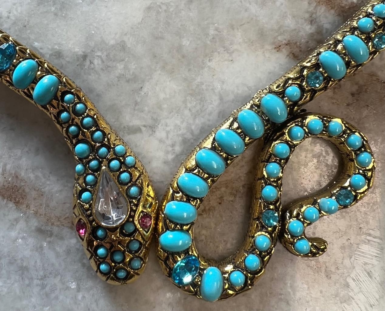 Blue Topaz Turquoise Rhinestone Snake Necklace Wrap Victorian Egyptian Rev. Faux