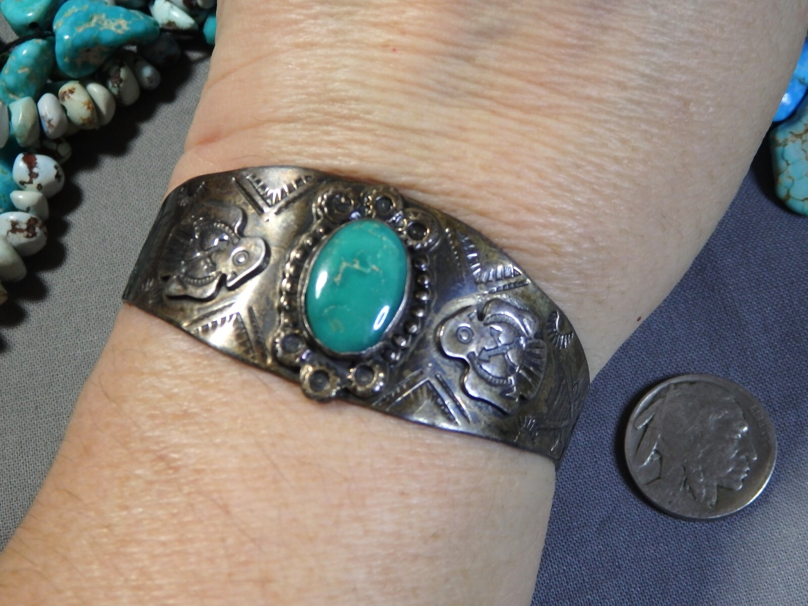 Fred Harvey Era NAVAJO Blue Gem TURQUOISE Sterling Silver THUNDERBIRD Bracelet