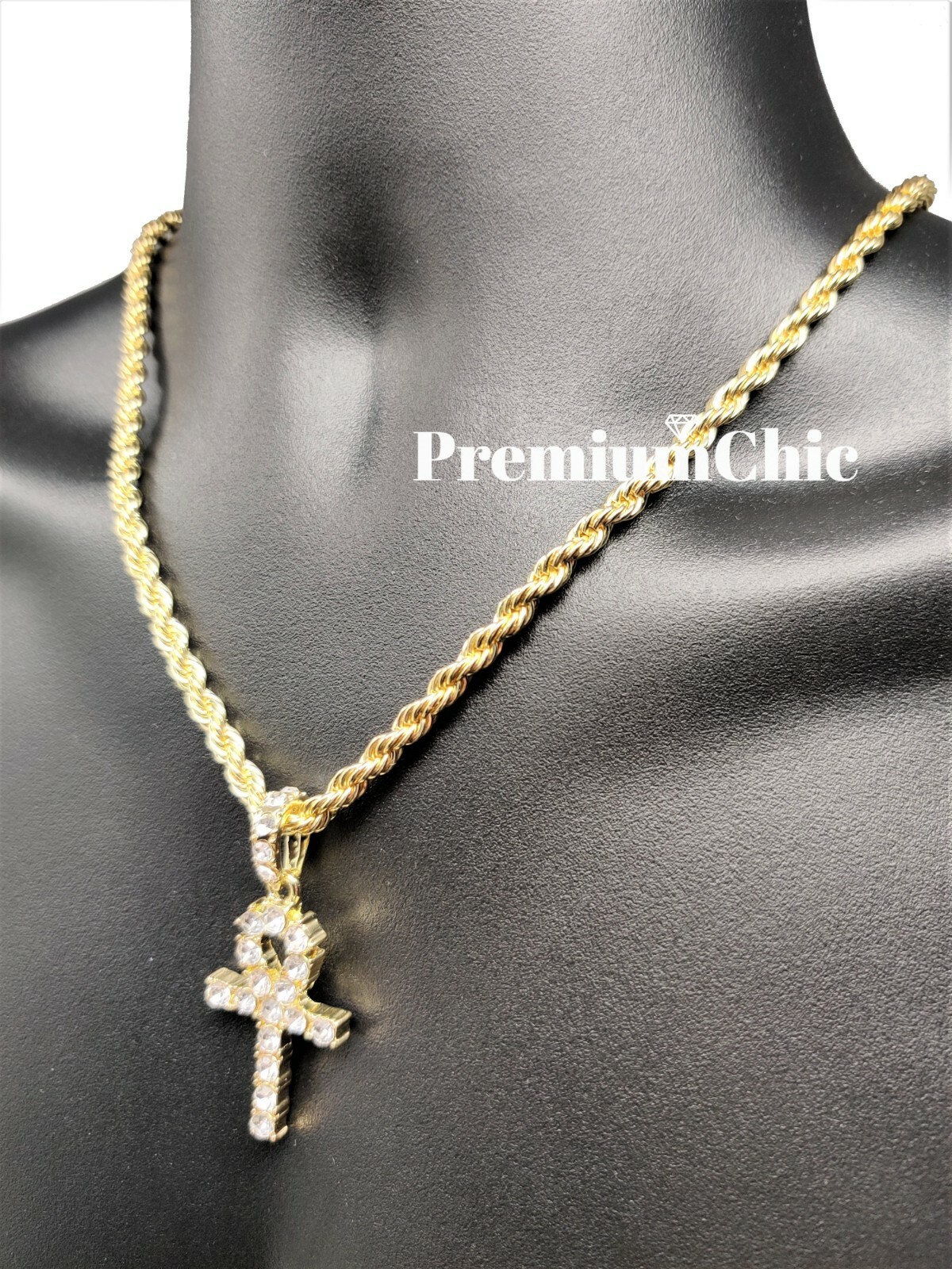 ICED ANKH Cross Pendant and Rope Chain Necklace Mens Hip Hop Plated CZ Jewelry
