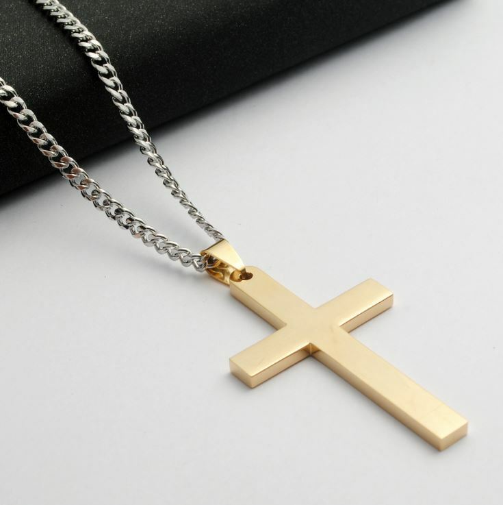 Women Men stainless steel Silver Gold Black cross pendant 22″ Cuban Necklace