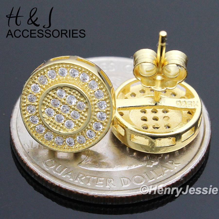 MEN 925 STERLING SILVER 11MM ICY CZ ROUND PUSH BACK GOLD PLATED STUD EARRING*E59