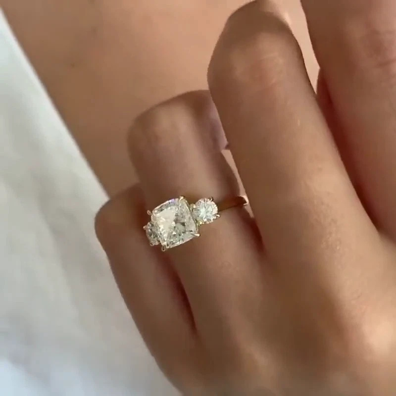 4.76 TCW Cushion Cut Moissanite 3-Stone Engagement Ring In 14K Solid Yellow Gold
