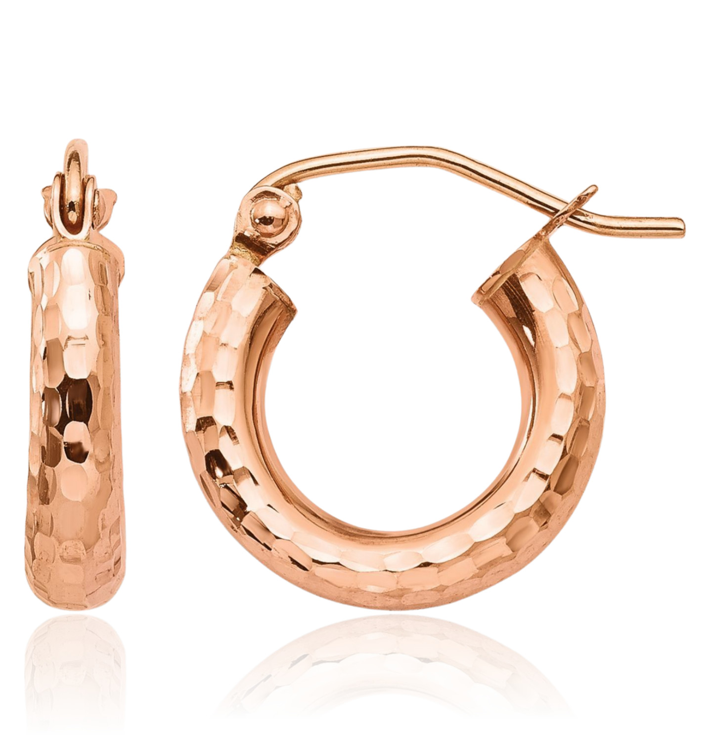 14K Solid Rose Gold Small Round Hoop Earrings 14mm 0.6 inch Snap Back, Diamond