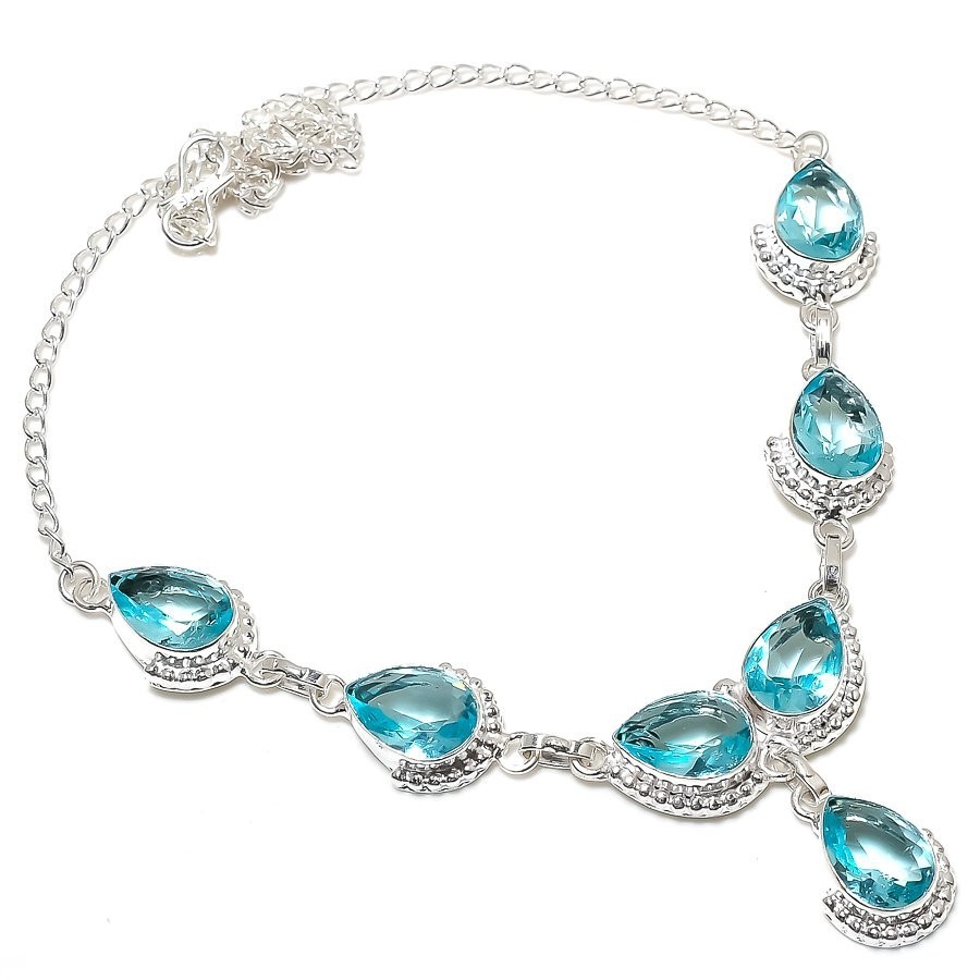 Aqua Aquamarine Gemstone Handmade 925 Sterling Silver Jewelry Necklace Size 18″
