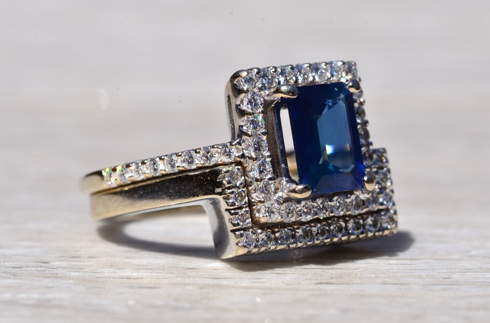 Diffused Emerald Cut Blue Sapphire Engagement Ring and Wedding Set with Custom B