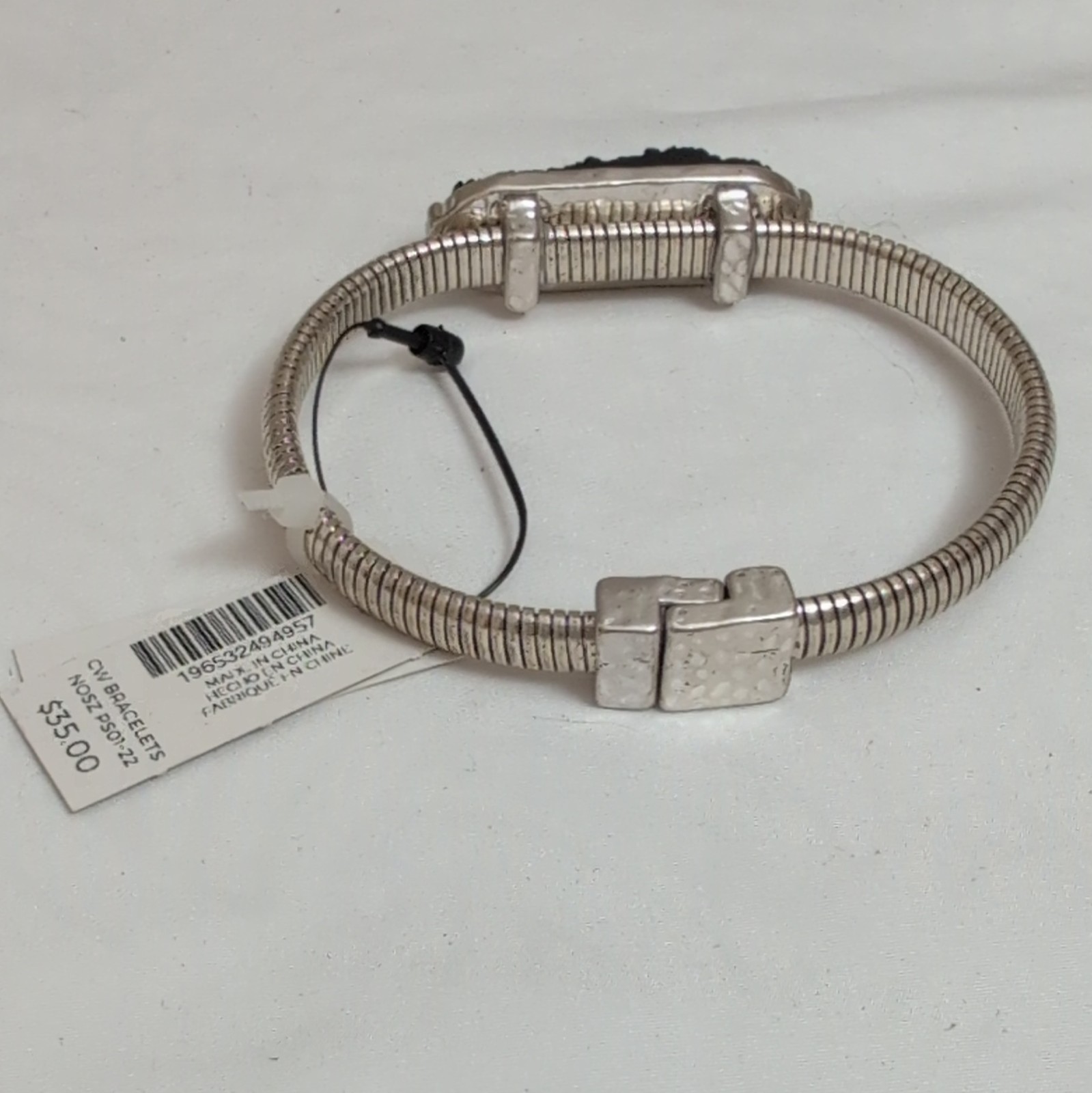 Chico’s Jewelry Set of 3 Stackable Silver Tone Bracelets, Blue Druzy, Gift Pouch