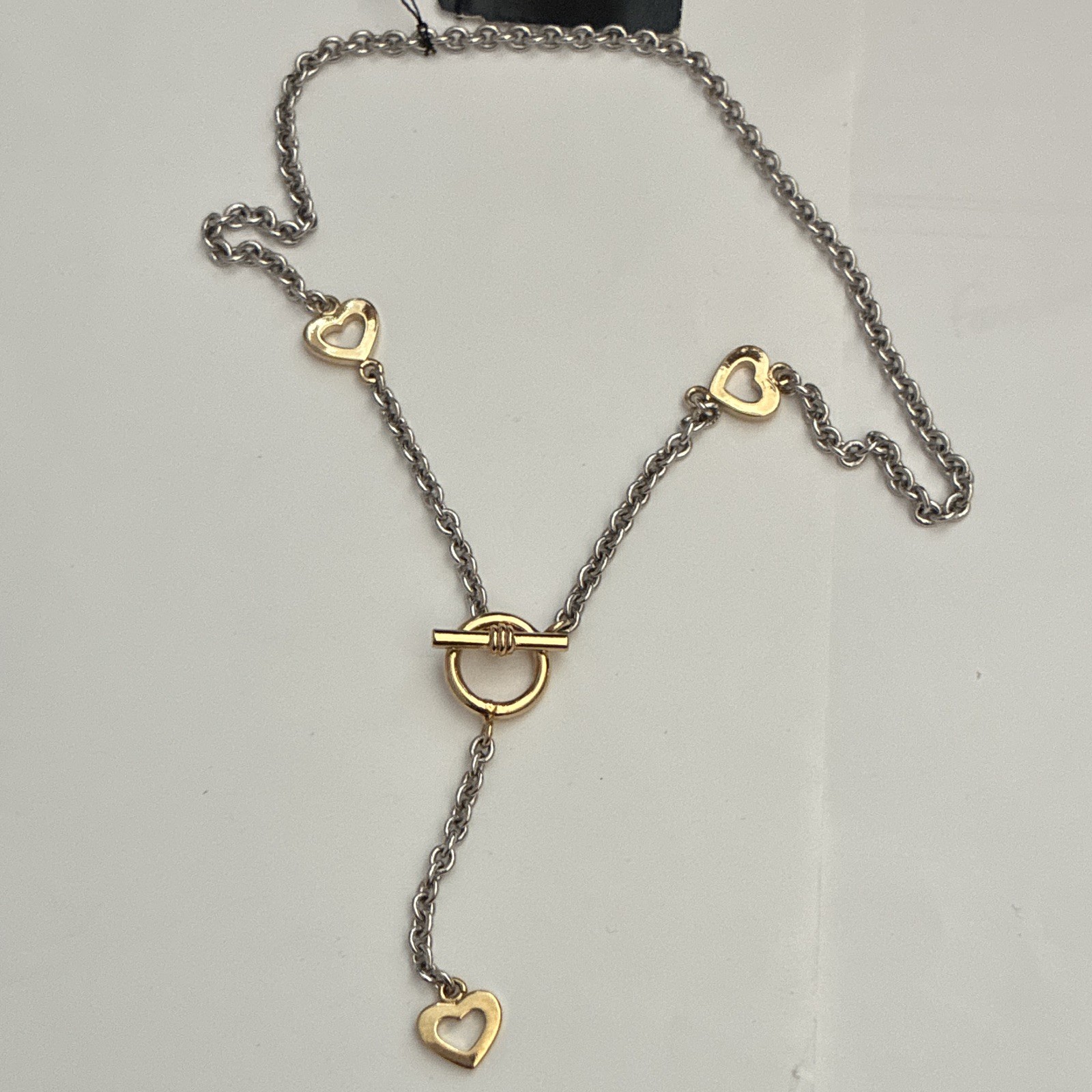 Cookie Lee Two-Tone Silver Gold Heart Charm Cable Chain