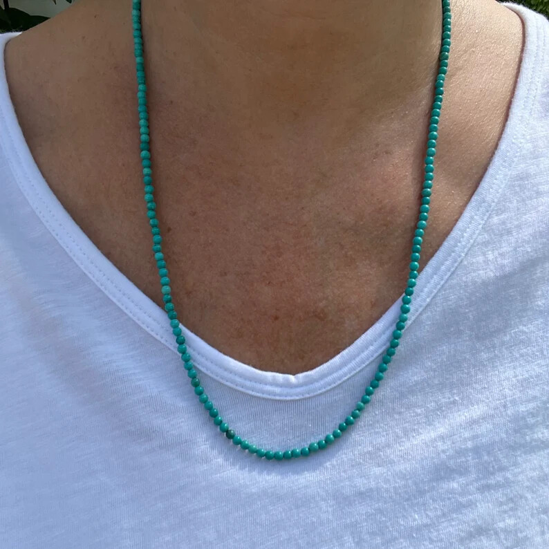 3.5mm small Kingman Arizona Blue Turquoise Beaded Gemstone Tiny Gem Necklace