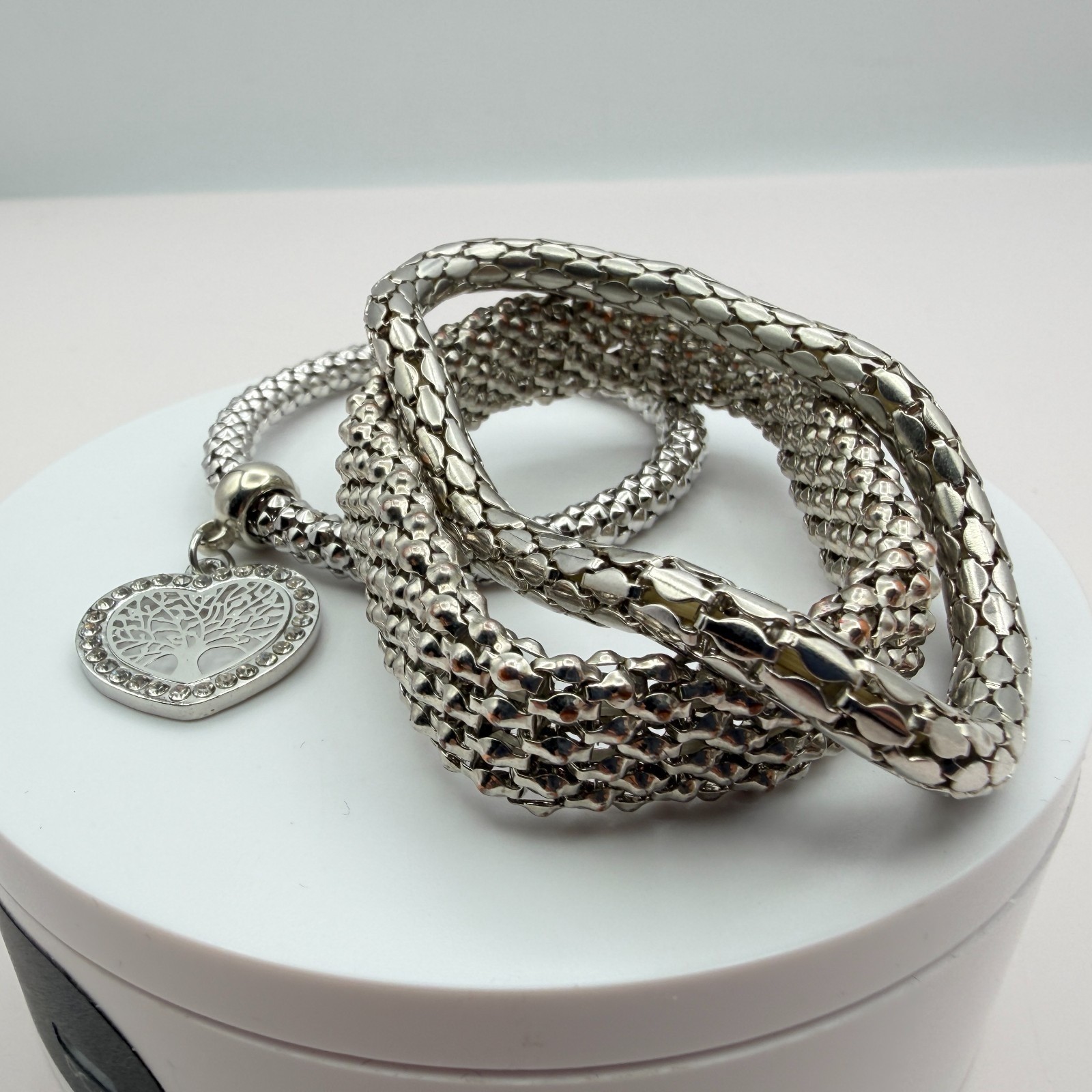 Vintage Y2K Silver Tone Tree of Life Heart Charm Mesh Bracelet Women’s Jewelry