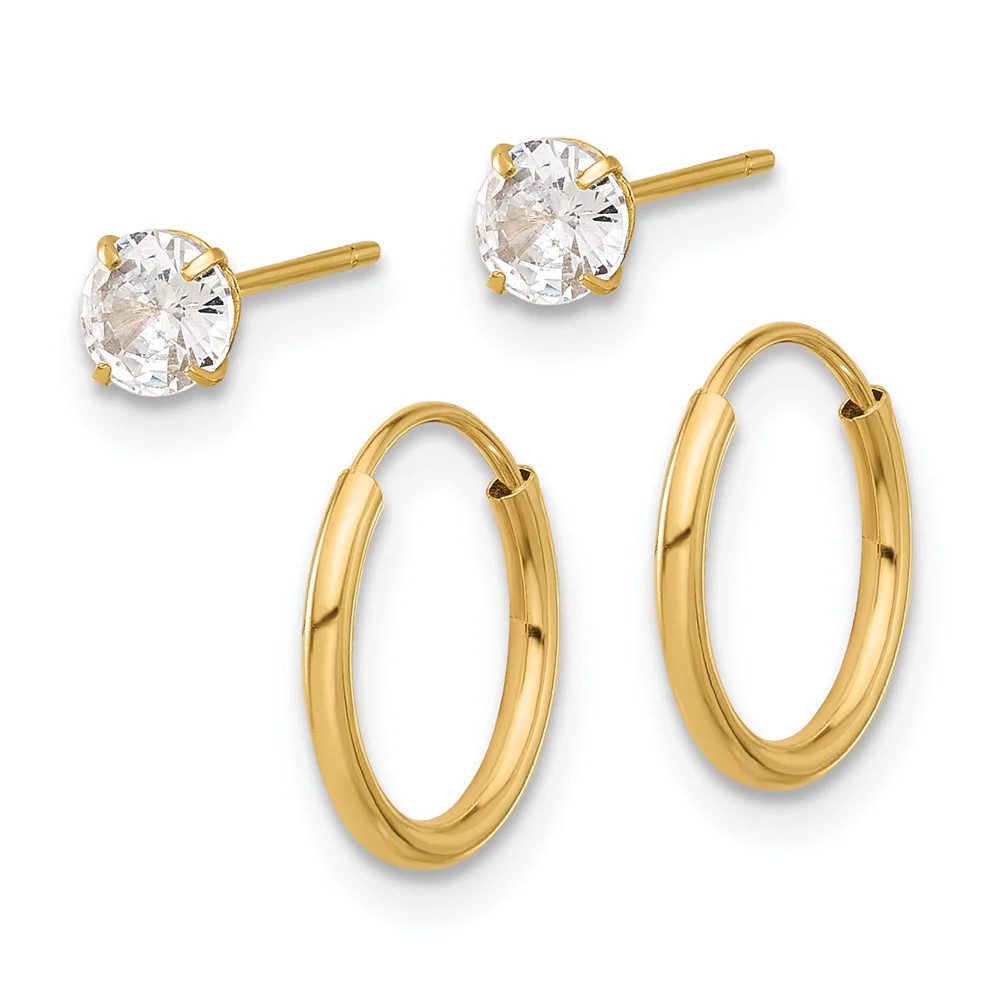 14K Yellow Gold Polished CZ Studs And Small Endless Hoop Earring Set