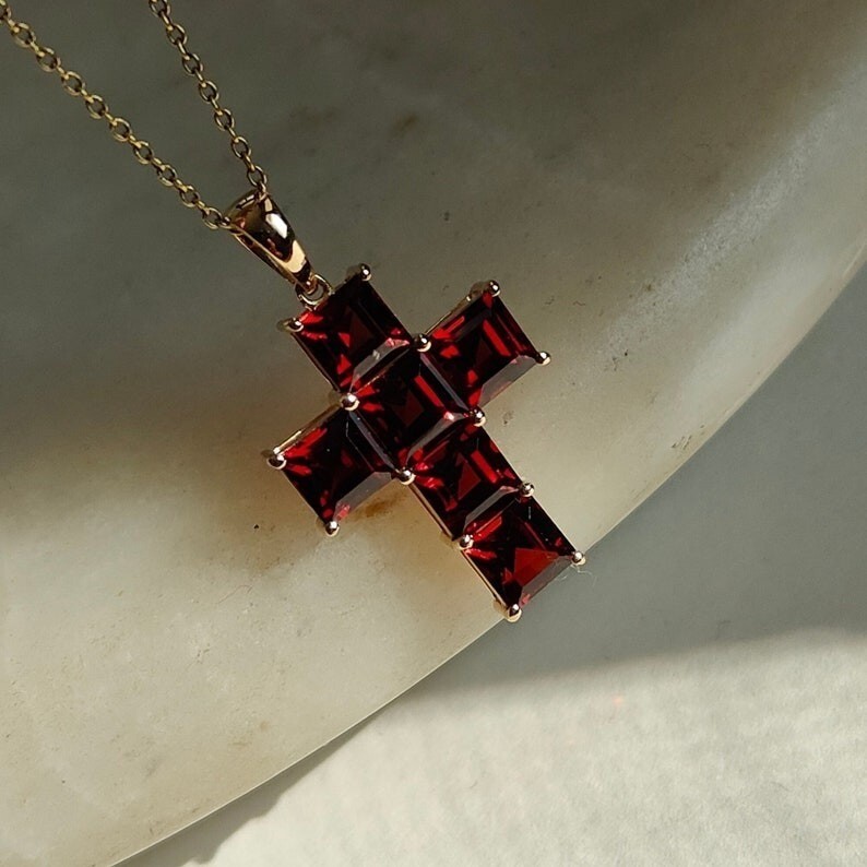 Gold Plated Garnet Cross Pendant, Holy Cross Sterling Silver Birthstone Pendant