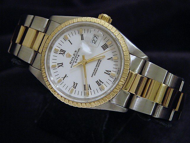 Rolex 2Tone 18K Gold/Stainless Steel Date White Black Roman w/Oyster Band 15223