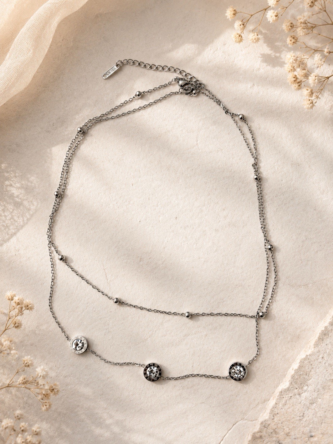 Stainless Steel Layered Station Necklace Clear Crystal Adjustau