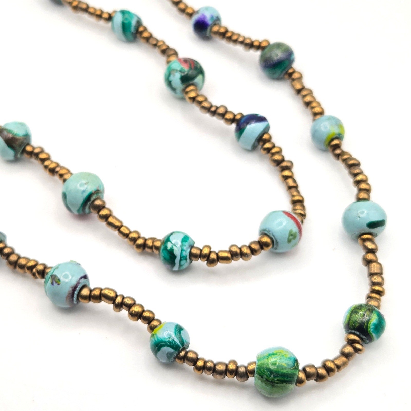 Hand Painted Artisan Bead Necklace Long 40″ Boho Strand Blue Green Bronze Tone