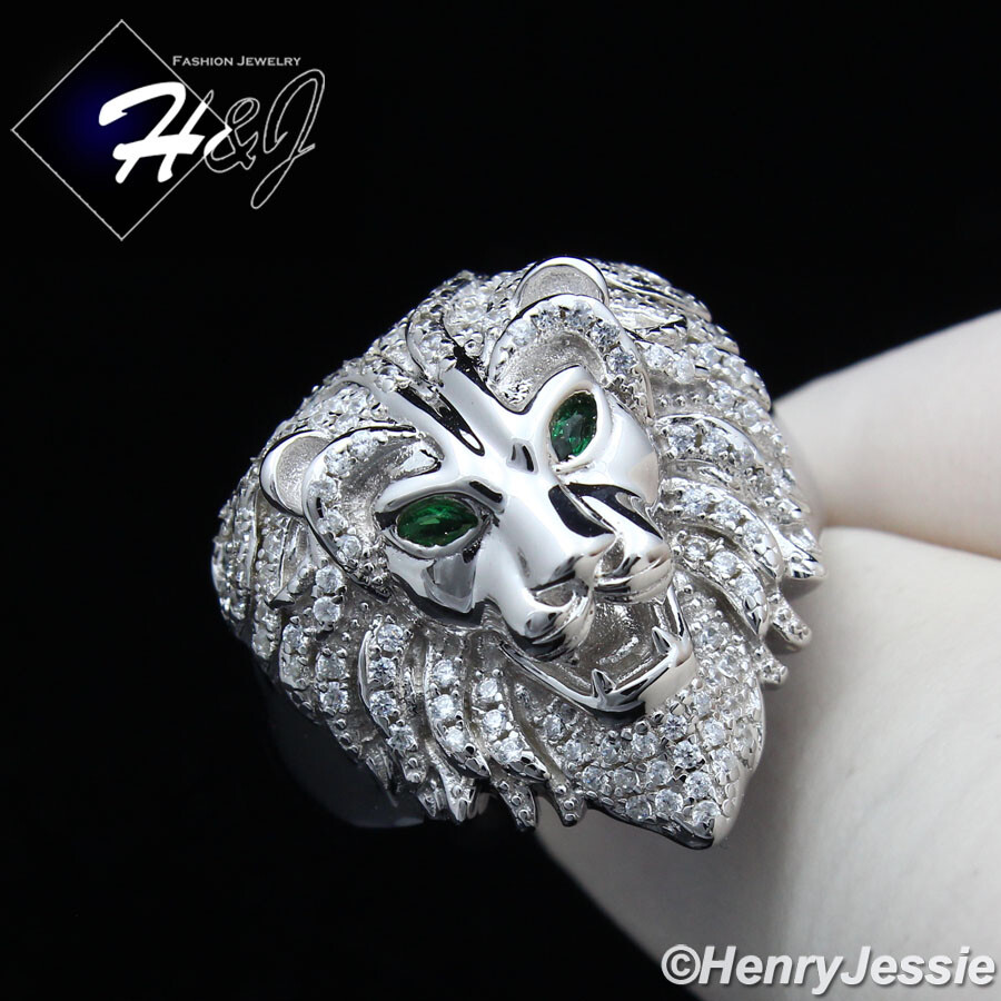 MEN 925 STERLING SILVER ICY BLING CUBIC ZIRCONIA SILVER 3D LION FACE RING*R180