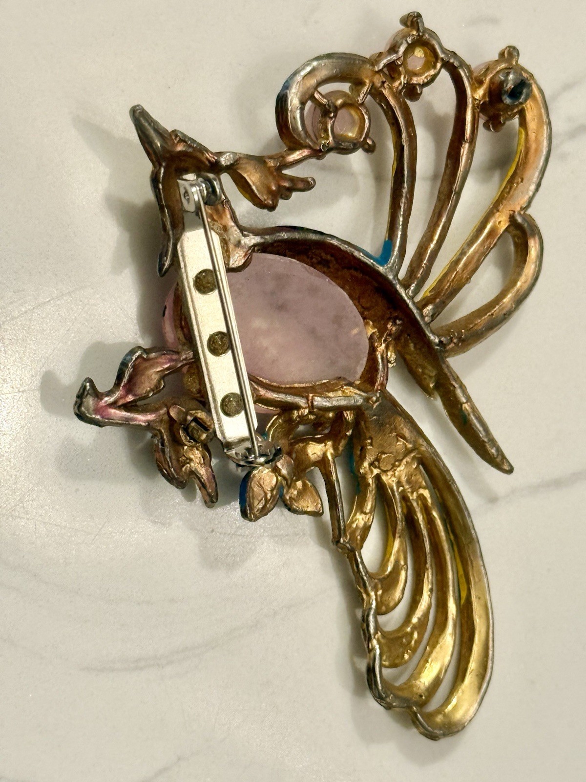 Antique 1940s CORO JELLY BELLY Bird Of Paradise Brooch W/ Enamel Pink & Yellow