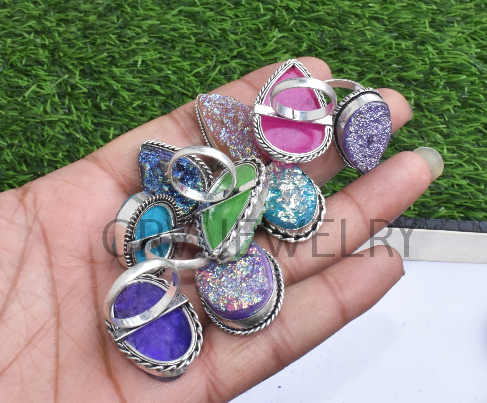 1-500 Pcs Coated Druzy In Wholesale Gemstone Rings Lot: Silver Plated Whr-69