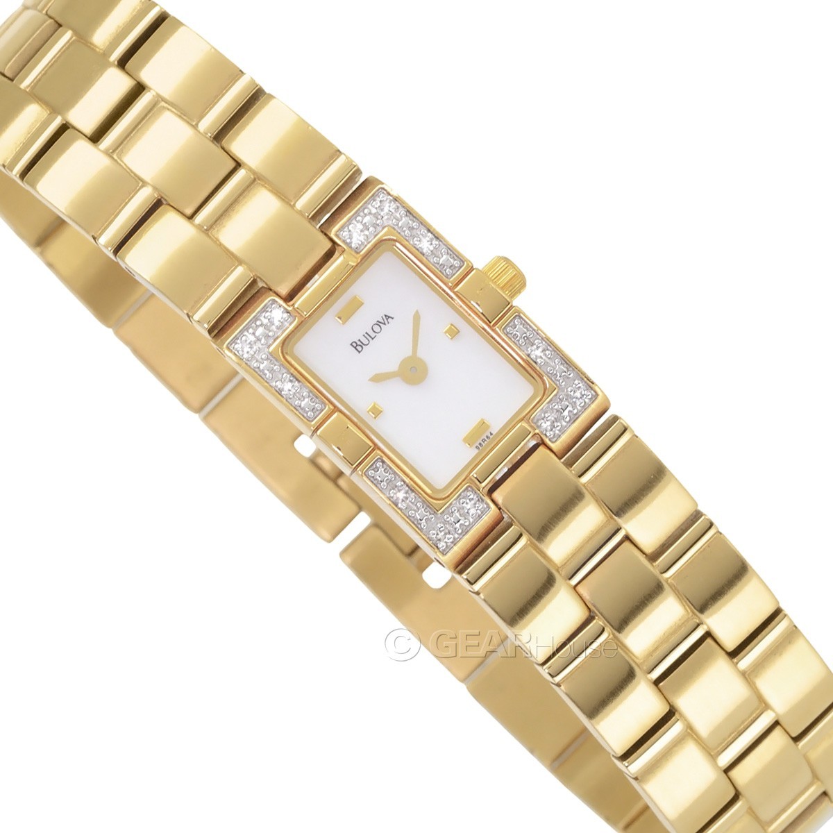 BULOVA Womens 12 Diamonds Dress Watch, White Dial, Gold Stainless Steel Band