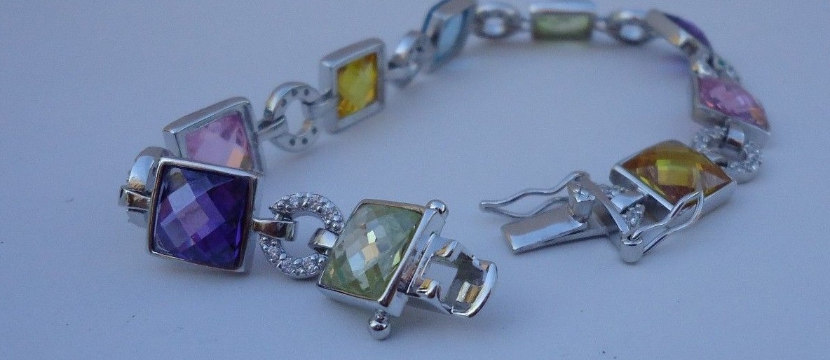 STERLING SILVER BRACELET 28ct MULTI-COLOR GEMSTONES/ LAB CREATED DIAMOND/ 7.5”