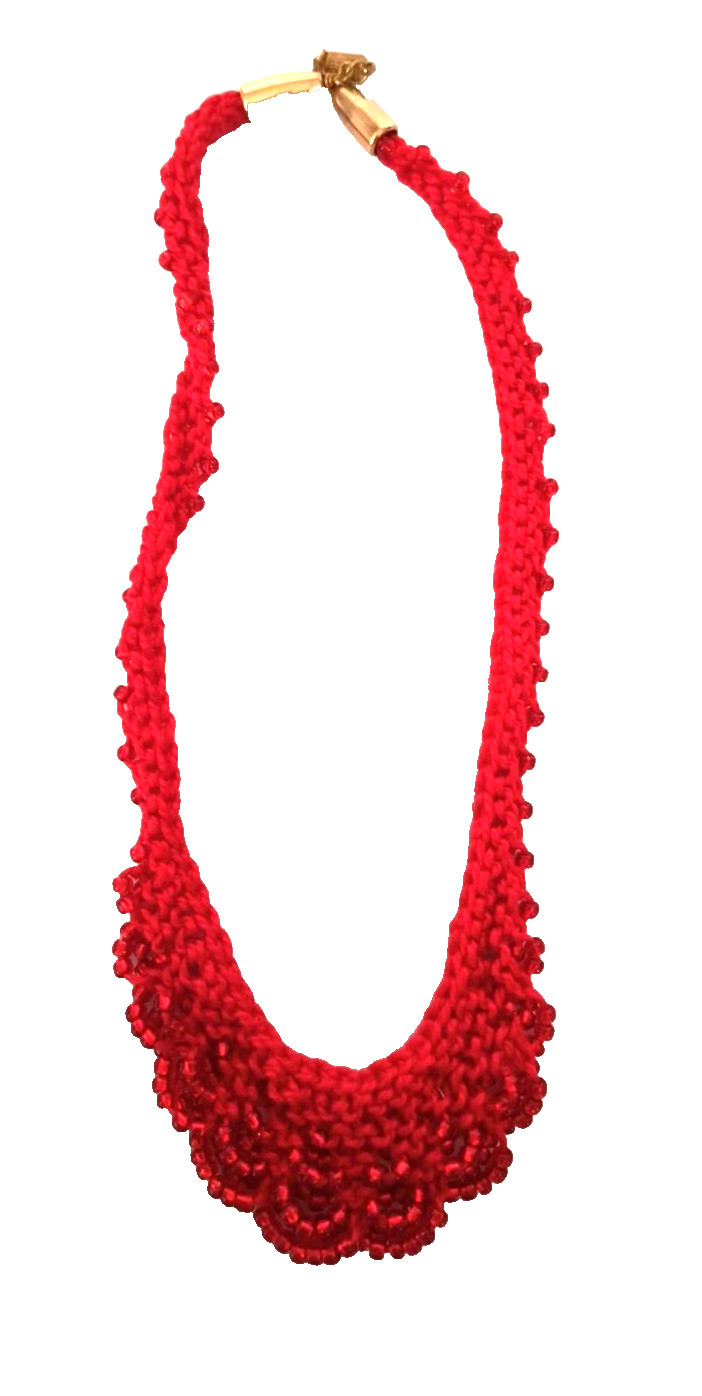 Boho Women’s Choker Style Necklace Red Crocheted Seed Beads Barrel Clasp