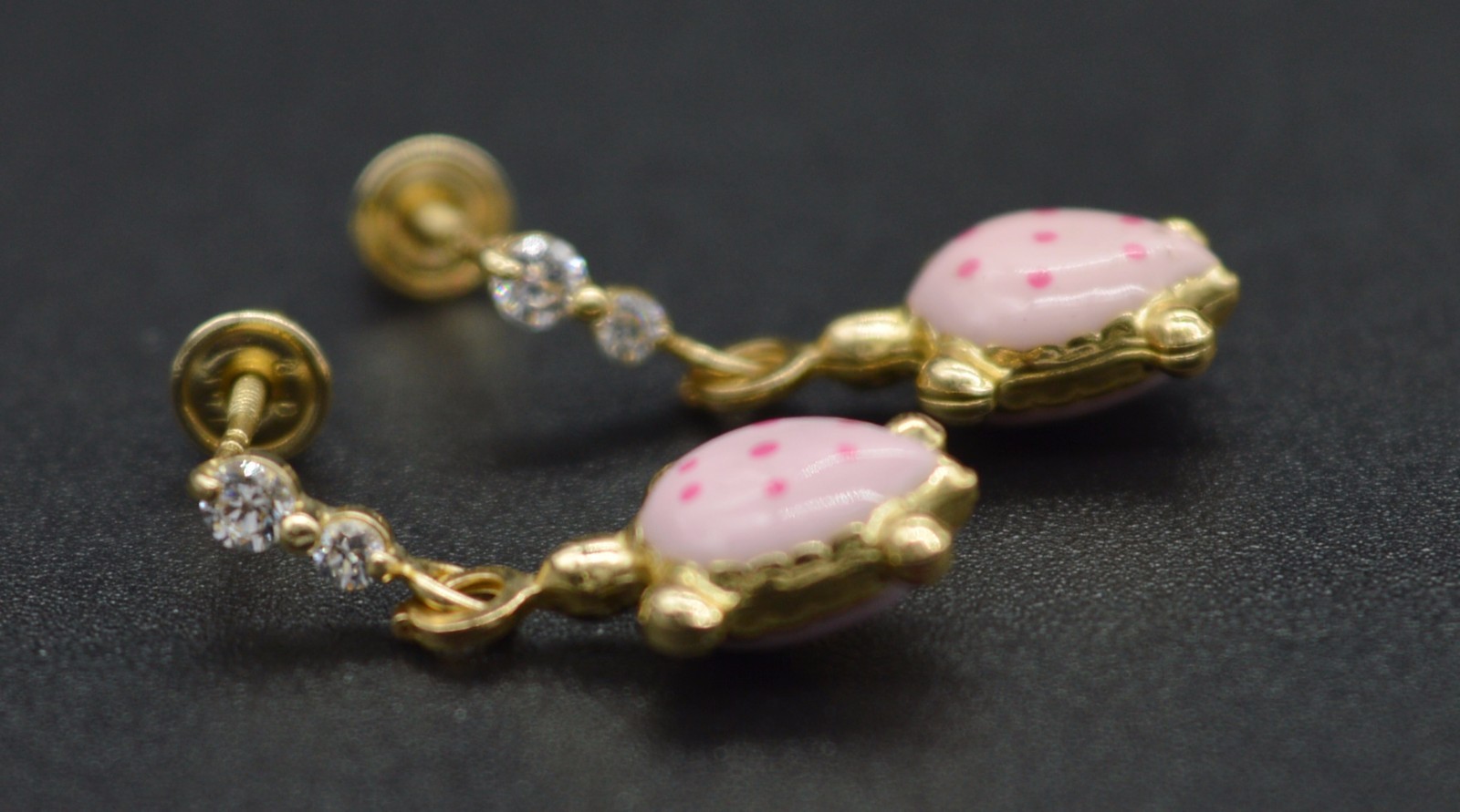 JM147 Enamel Pink Turtle 14K Solid Yellow Gold Dangle Screw-back Earrings