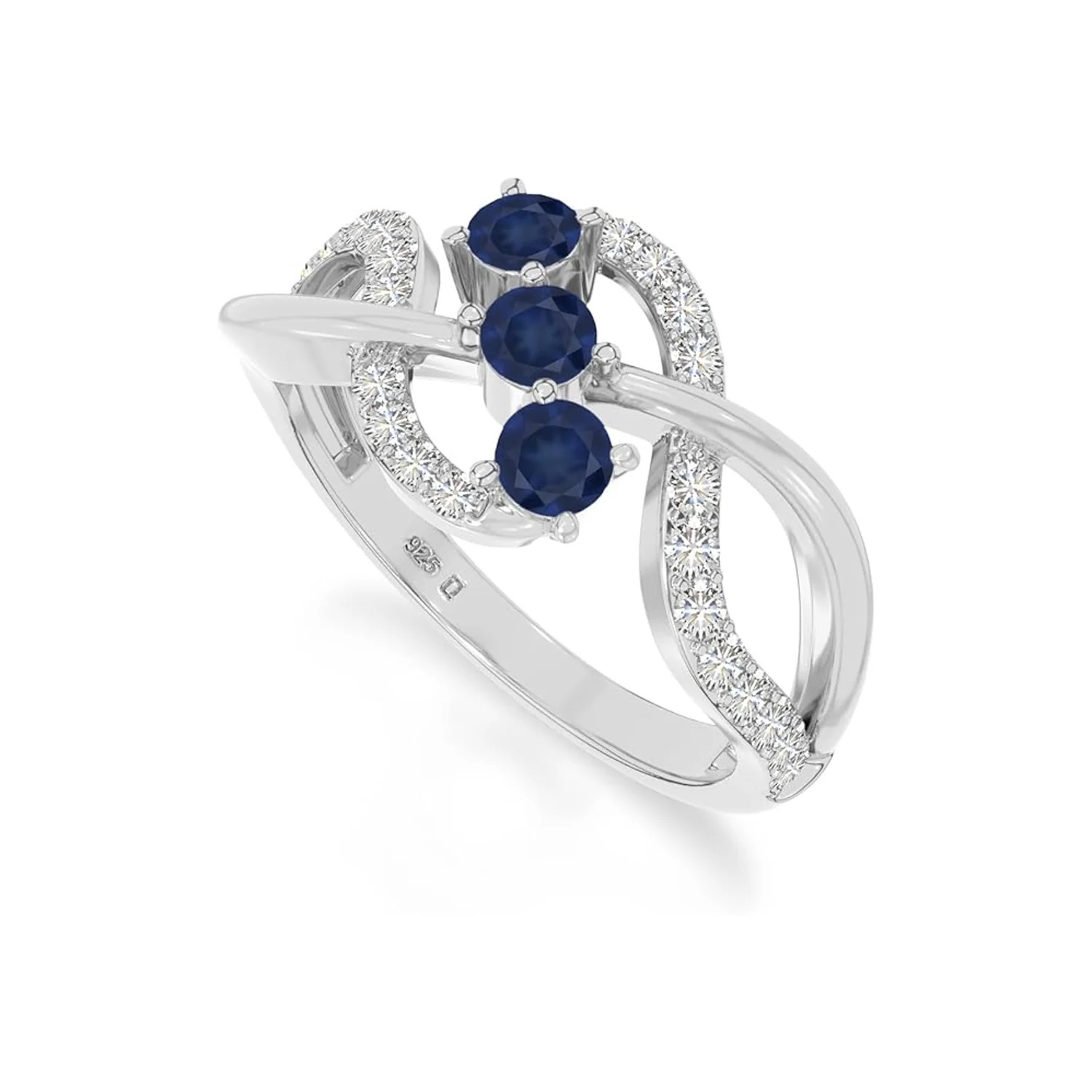 925 Sterling Silver Round 0.9 Ctw Blue Sapphire Three Stone Women Ring