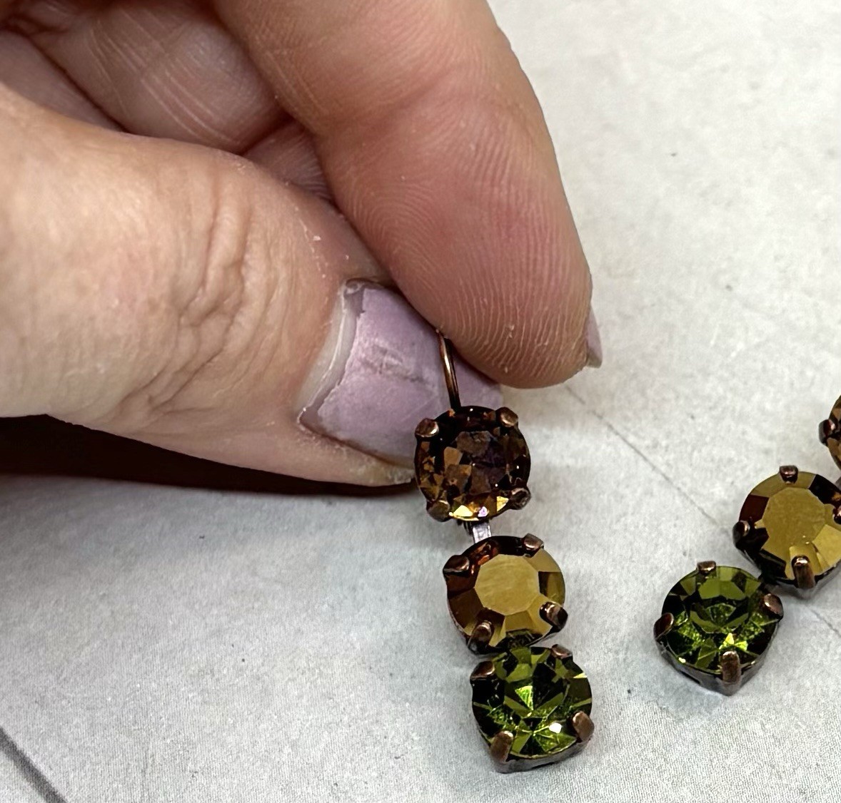 Antique Copper Plated Triple Stone Olive Green And Brown Cup Chain Earrings