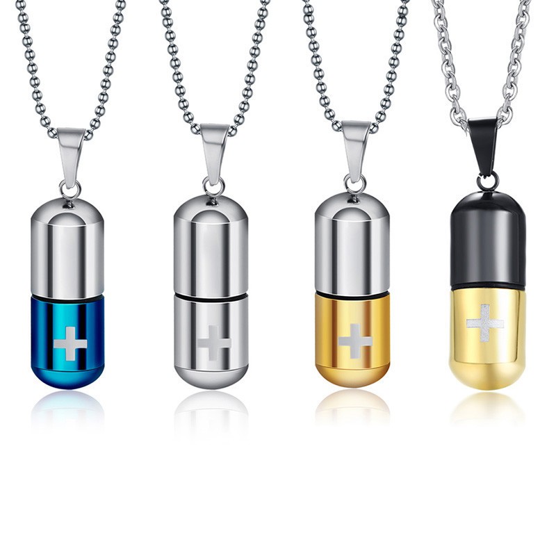 Medical Cross Pill Container Holder Pendant Necklace Choker Stainless Steel Gift
