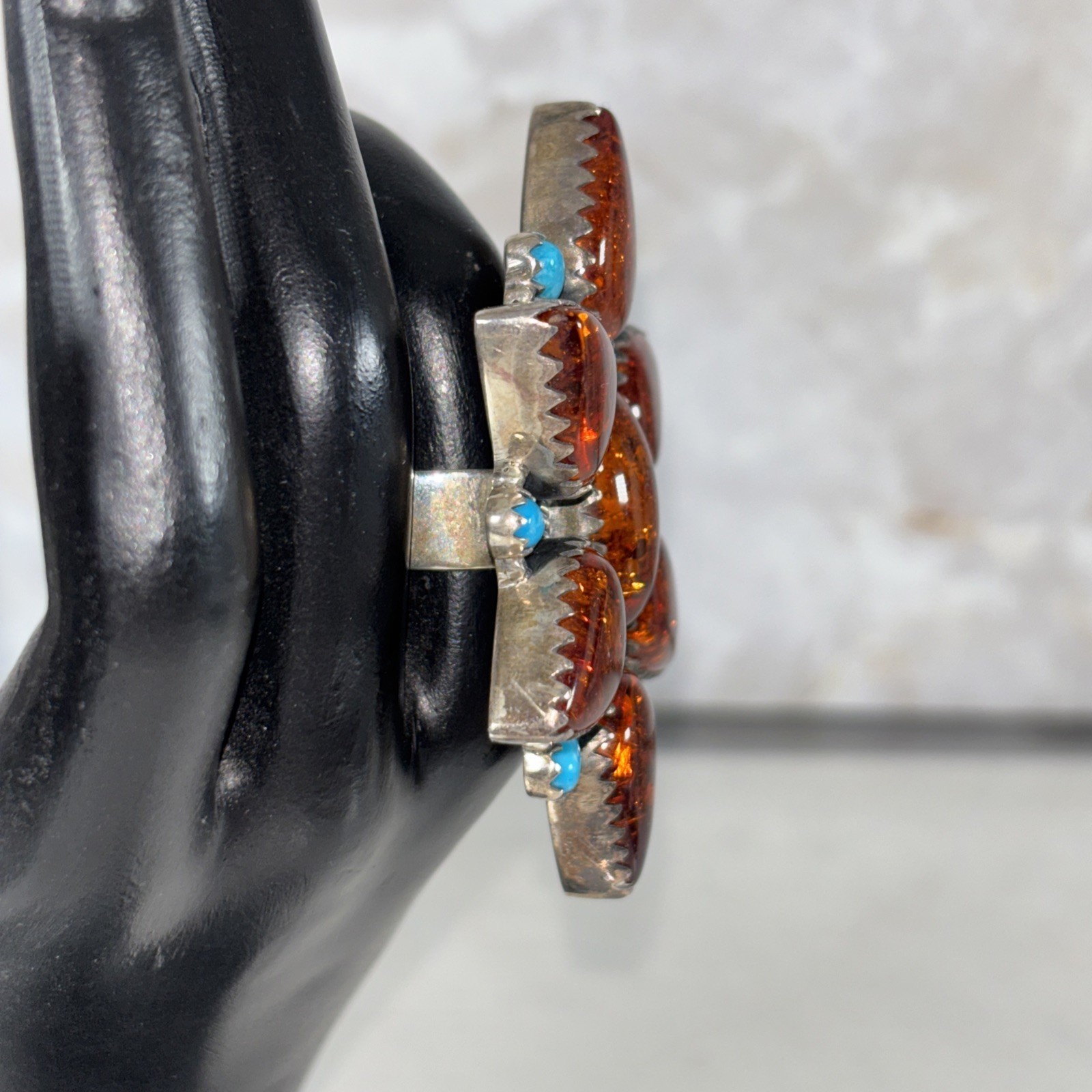 Artisan Statement Ring 925 Sterling Silver Turquoise And Amber Adjustable Size
