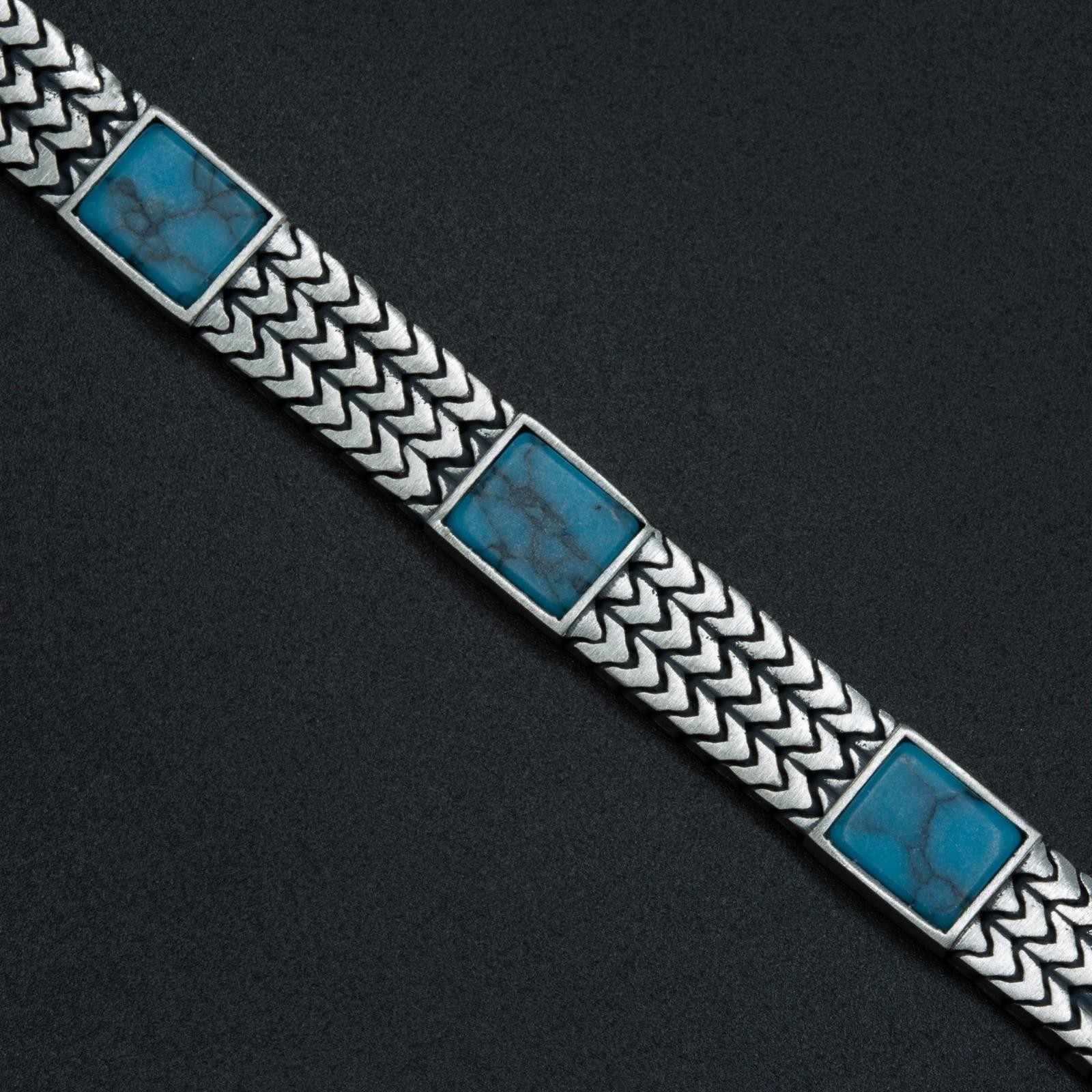 925 Men’s 925 Sterling Silver Foxtail Curb Chain Turquoise Gemstone Bracelet