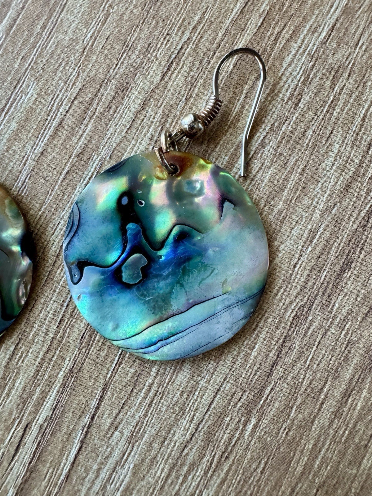 Vintage 90s Iridescent Natural Paua Abalone Shell Disc Drop Earrings Boho