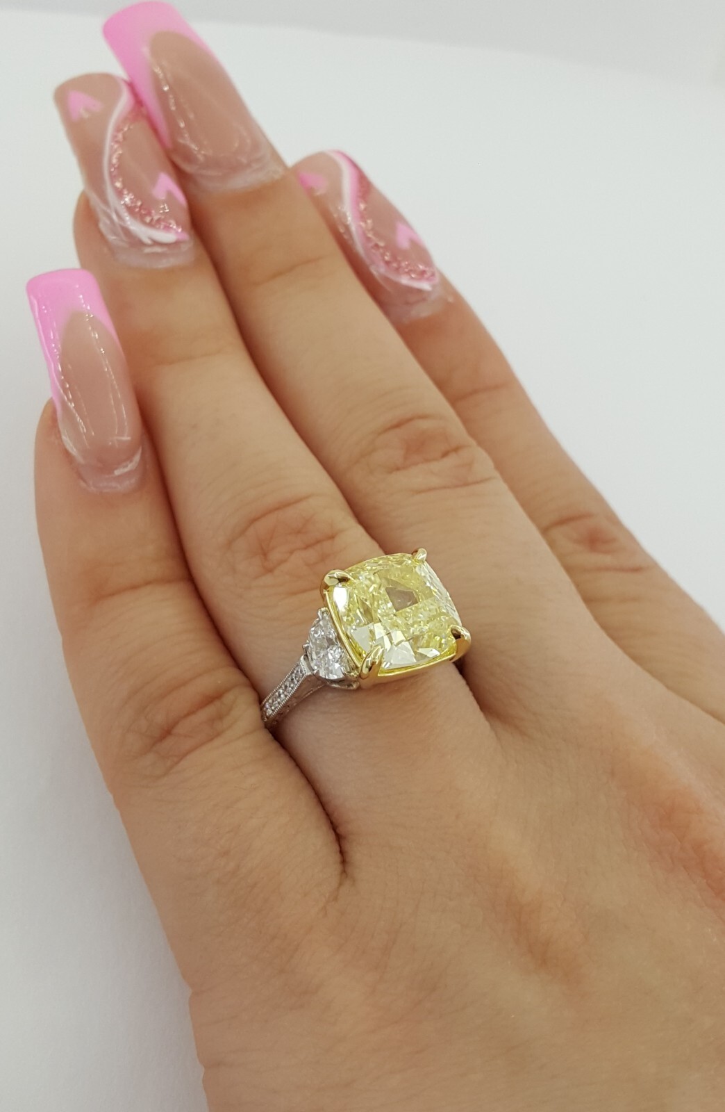 Natural Yellow Cushion Diamond 5.67 ct 3-Stone Engagement Ring GIA Rtl $120K