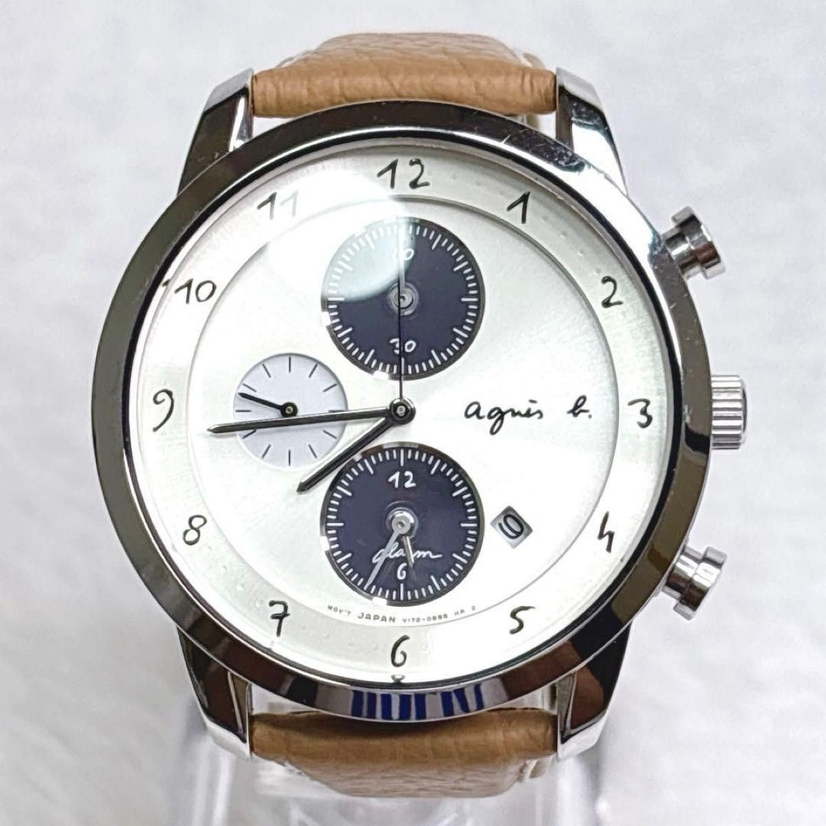 agnes b. SAM Solar Chronograph White Dial Men Leather Watch V172-0AW0