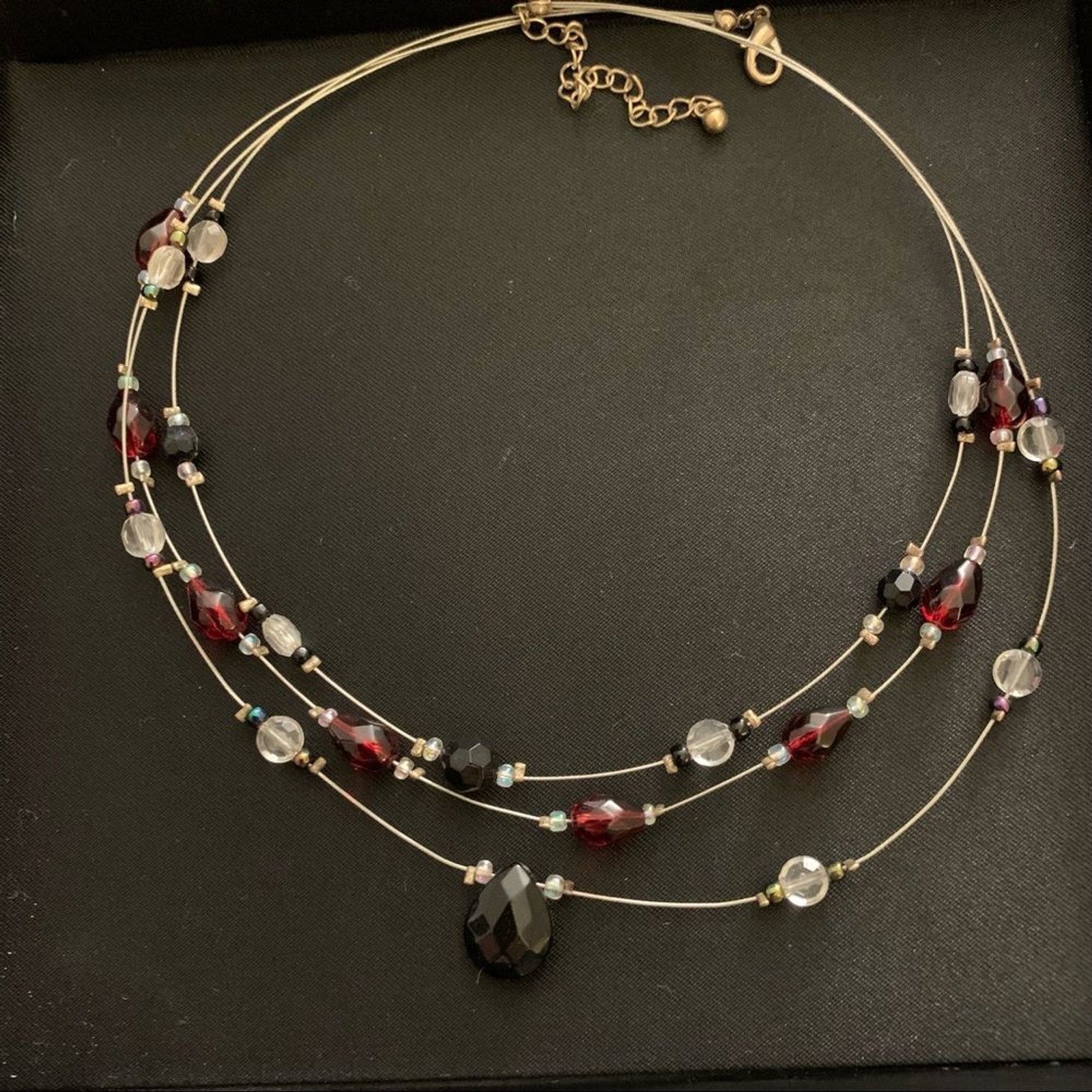 Women 19 inches long Necklace with black and burgundy and crystal clear stones