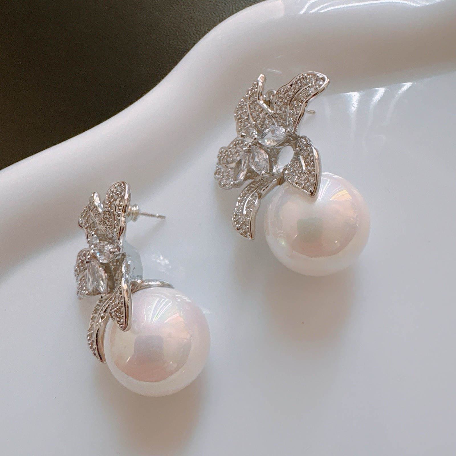 Lily Large Pearl Drop Earrings CZ Pave 925 Silver Needle Bridal Wedding Gift