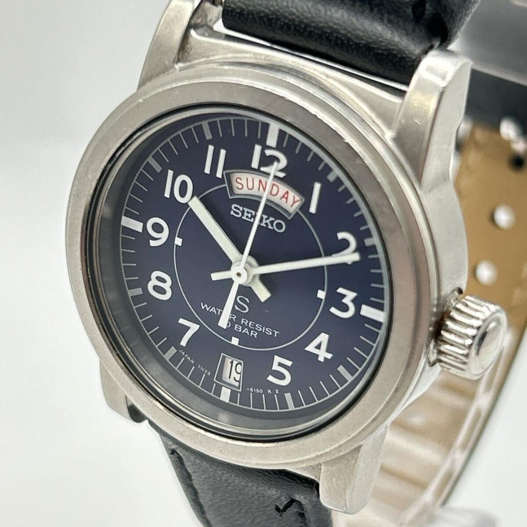 SEIKO SUS Day Date Quartz Watch Navy Dial 18.3cm 7.20in New Battery Running