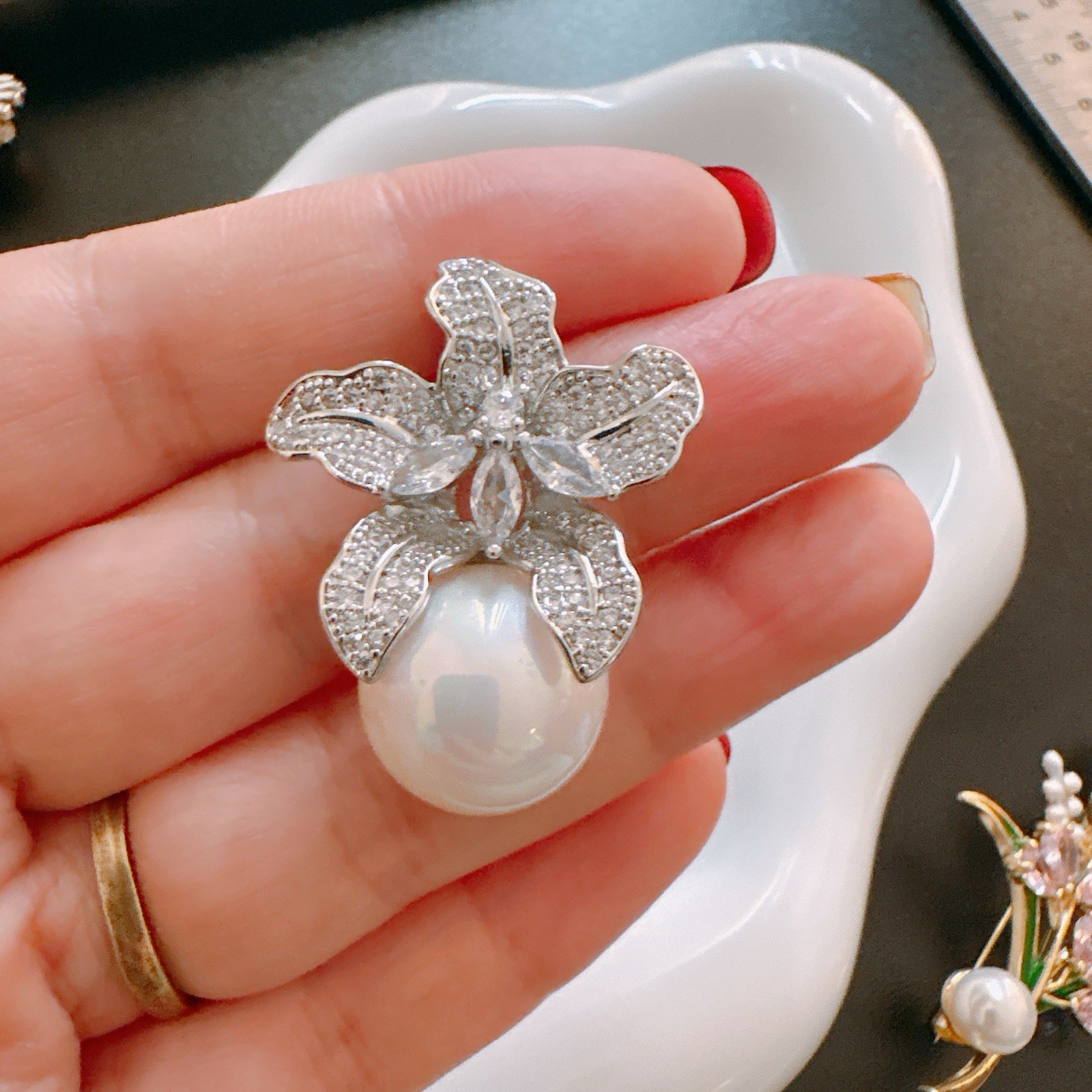 Lily Large Pearl Drop Earrings CZ Pave 925 Silver Needle Bridal Wedding Gift